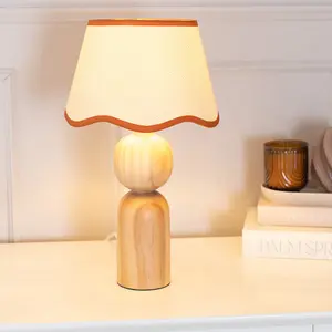 ValueLights Azalea Rustic Wooden Table Lamp with Linen Scallop Rust Trim Edge Shade and LED Bulb