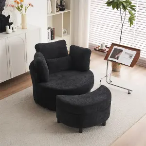 Chenille Swivel Armchair with 3 Back Cushion Pillow Ottoman Crescent Stool, Black 