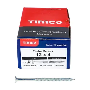 TIMCO Twin-Threaded Countersunk Silver Woodscrews - 12 x 4 (100pcs)