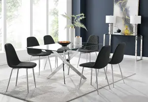 Furniturebox UK Leonardo Glass And Chrome Metal Dining Table And 6 Black Corona Silver Chairs