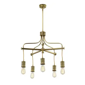 5 Bulb Chandelier Hanging Pendant Ceiling Light Aged Brass Finish LED E27 60W Bulb