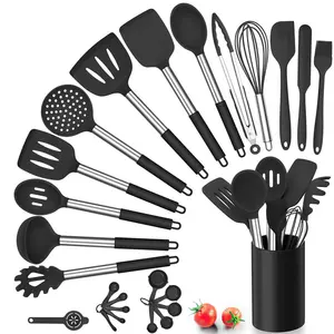 Silicone Kitchen Utensils Set, 25 Pcs Cooking Utensil With Holder, Heat Resistant Kitchen Tools With Stainless Steel Handle For Non-Stick Cookware, Turner Spatula Spoon Tong Brush Whisk, Red Black