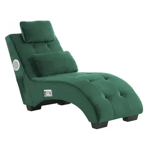 Velvet Chaise Lounge with Bluetooth Speaker USB Port Green SIMORRE