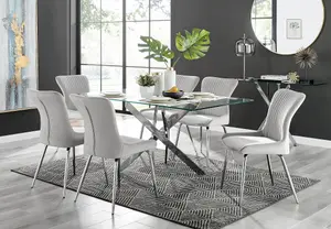 Furniturebox UK Leonardo Glass And Chrome Metal Dining Table And 6 Light Grey Nora Velvet Silver Leg Chairs