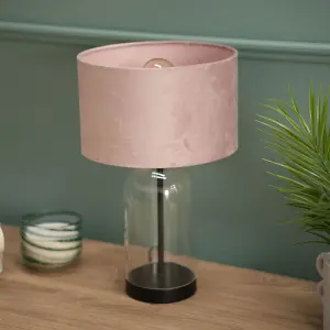 ValueLights Jessy Glass and Black Metal Bedside Table Lamp with a Blush Pink Velvet Lampshade - Bulb Included