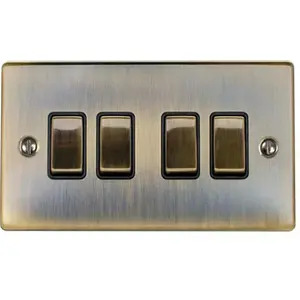 4 Gang Quad Light Switch ANTIQUE BRASS 2 Way 10A Black Trim & Metal Rocker