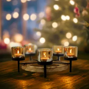 Tea Light Holder 5pc Amber Candle Jars with Round Tealight Wooden Stand Decor