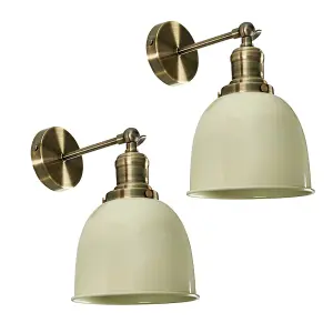 ValueLights Wilhelm Pair of Retro Antique Brass Knuckle Joint Wall Lights with Gloss Cream Shades