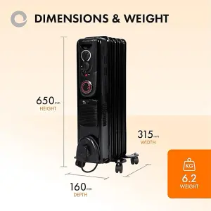 1500W Oil Filled Radiator Portable Fan Heater 5 Fin Timer Black