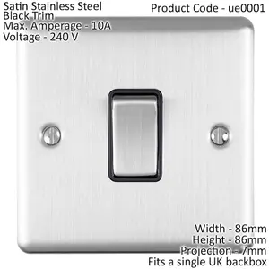 1 Gang Single Light Switch SATIN STEEL 2 Way 10A Black Trim & Metal Rocker