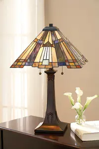 2 Bulb Table Lamp Pyramid Shape Tiffany Style Glass Valiant Bronze LED E27 60W