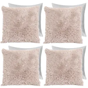 Sienna Fluffy 4 x Cushion Covers Filled Soft Shaggy, 18"x 18" - Natural Brown