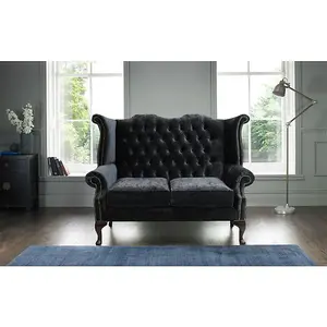 Chesterfield Handmade 2 Seater Sofa Modena Black Fabric In Queen Anne Style