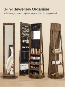 SONGMICS Swivel Jewellery Cabinet, High Full Length Mirror, Jewellery Organiser With Built-In Small Mirror, Rustic Brown