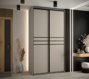 Luxurious Cashmere & Black Sliding Door Wardrobe W140cm H235cm D60cm for Sophisticated Storage