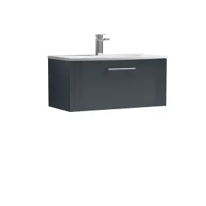 Retro 1 Drawer Wall Hung Vanity Unit with Curved 1 Tap Hole Ceramic Basin - 800mm - Satin Soft Black - Balterley