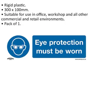 Mandatory Eye Protection Safety Sign - Rigid Plastic 300x100mm for Workplace Safety