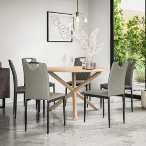 Malvern Round Dining Table And Chairs -  Oak Table Top w Solid Oak Legs + Monza Fabric Dining Chair Set Of 6 (Grey)