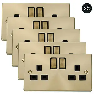 5 PACK - Satin / Brushed Brass 2 Gang 13A DP Ingot Twin Double Switched Plug Socket - Black Trim - SE Home