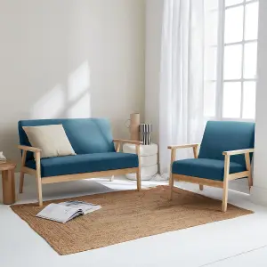 sweeek. Armchair and 2-seater sofa in hevea wood Isak set Petrol Blue 114x69.5x73 cm