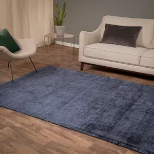 Blue Handmade Luxurious Modern Plain Sparkle Rug For Bedroom & Living Room-120cm X 170cm