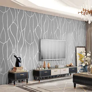 Silver Grey Geometric Irregular Stripe Suede Effect Non Woven Embossed Patterned Wallpaper