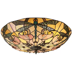 Tiffany Glass Semi Flush Ceiling Light Dragonfly Round Inverted Shade i00032