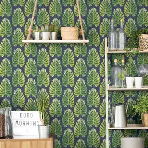 Galerie Evergreen Green Navy Leaf Stripe Smooth Wallpaper