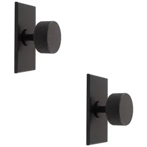 2 PACK - Reeded Radio Cabinet Door Knob & Matching Backplate Lined Matt Black 76 x 40mm