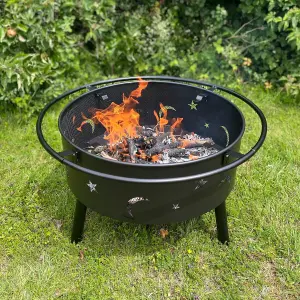 Star and Moon Fire Bowl with Grill, Safety Guard and Poker