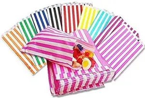 100 - Striped Candy Paper Bags For Sweet Flavor Buffet Wedding Cake Gift Shop (5'' X 7'') (Assorted, Qty: 100 Bags)