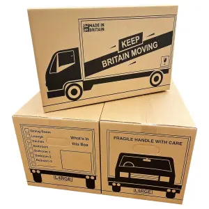 10 x Strong Large Cardboard Storage Moving House Packing Boxes 52cm x 30cm x 30cm 47 Litres Carry Handles and Room List