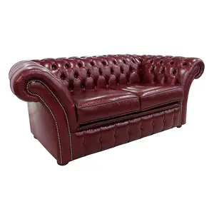 Chesterfield 2 Seater Old English Burgandy Leather Sofa Settee In Balmoral Style