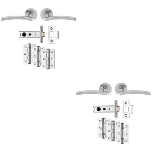 2 PACK - Premium Door Handle & Latch Pack Set- Polished Chrome Slim Curved Lever Round Rose