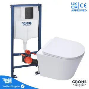 Rimless Wall Hung Toilet WC Pan with GROHE 1.13m Concealed Cistern Dual Flush  Frame - Phantom Black