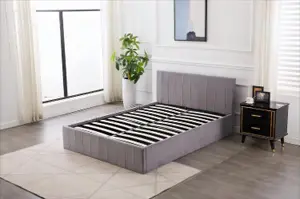 Ottoman Storage Bed grey small double 4ft 6 line pattern fabric velvet and 1 Mattress bedroom furniture