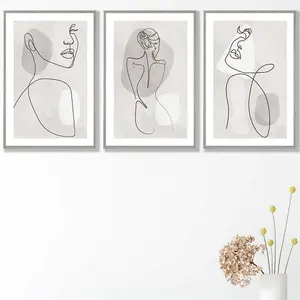 Set of 3 Grey and Beige Female Line Art Wall Art Prints Wall Art Prints / 42x59cm (A2) / Light Grey Frame