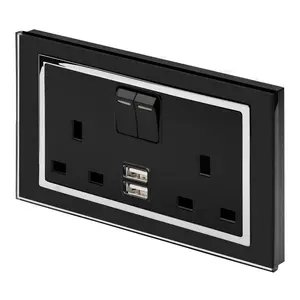 Crystal CT 2.1A USB & 13A DP Double Plug Socket With Switch White Black