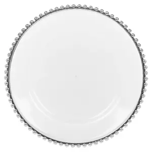 URBNLIVING 32cm Round 6 Pcs Clear Silver Rim Charger Plates Set with Metallic Beaded Coloured Rim