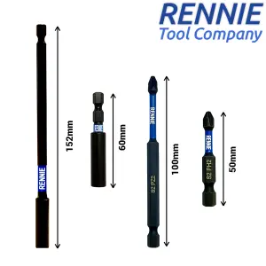 Rennie Tools 4 Piece PZ2 PH2 Long Magnetic Impact Screwdriver Bits Set With Impact Bit Holders