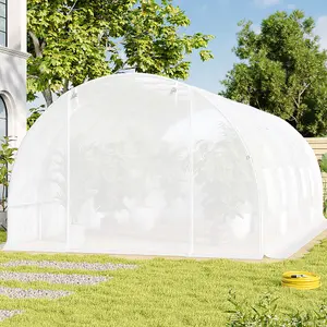 White Walk In Steel Frame Garden Tunnel Greenhouse Grow House with Roll Up Door Windows, 6x3x2M