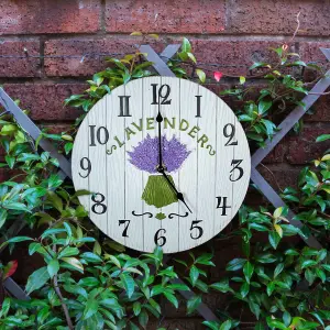 Lavender Indoor or Outdoor Clock - Battery Powered Weather Resistant Floral Wall or Fence Clock for Home or Garden - 27cm Diameter