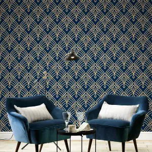 World of Wallpaper Waldorf Wallpaper Navy/Gold (274447-BUR)