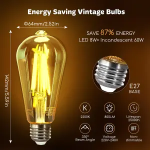 Aigostar E27 Edison Bulb, 8W LED Filament Bulb ST64 Bulbs