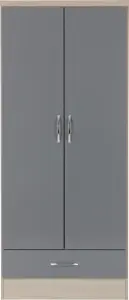 Nevada 2 Door 1 Drawer Wardrobe in Grey  Light Oak Effect Veneer