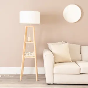 ValueLights Wakefield Two Storage Shelf Wooden Floor Lamp with White Fabric Shade and LED Bulb