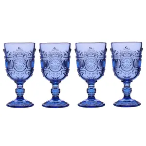 Set of 4 Vintage Luxury Blue Embossed Drinking Wine Glass Wine Goblets 300ml