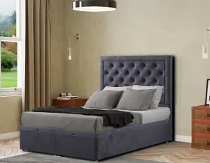 Castle Ottoman Bed Floor Standing Headboard Matching Buttons Plush Steel