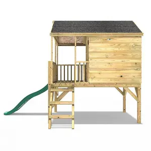 Rebo 5FT x 5FT Childrens Wooden Garden Playhouse on Deck + 6ft Slide - Partridge Green