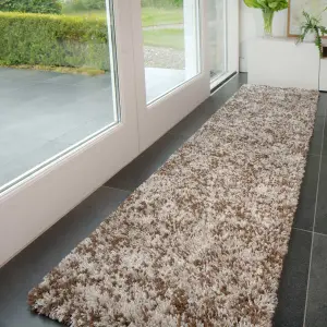 Super Soft Mottled Tonal Brown & Beige Shaggy Runner Rug 60x240cm